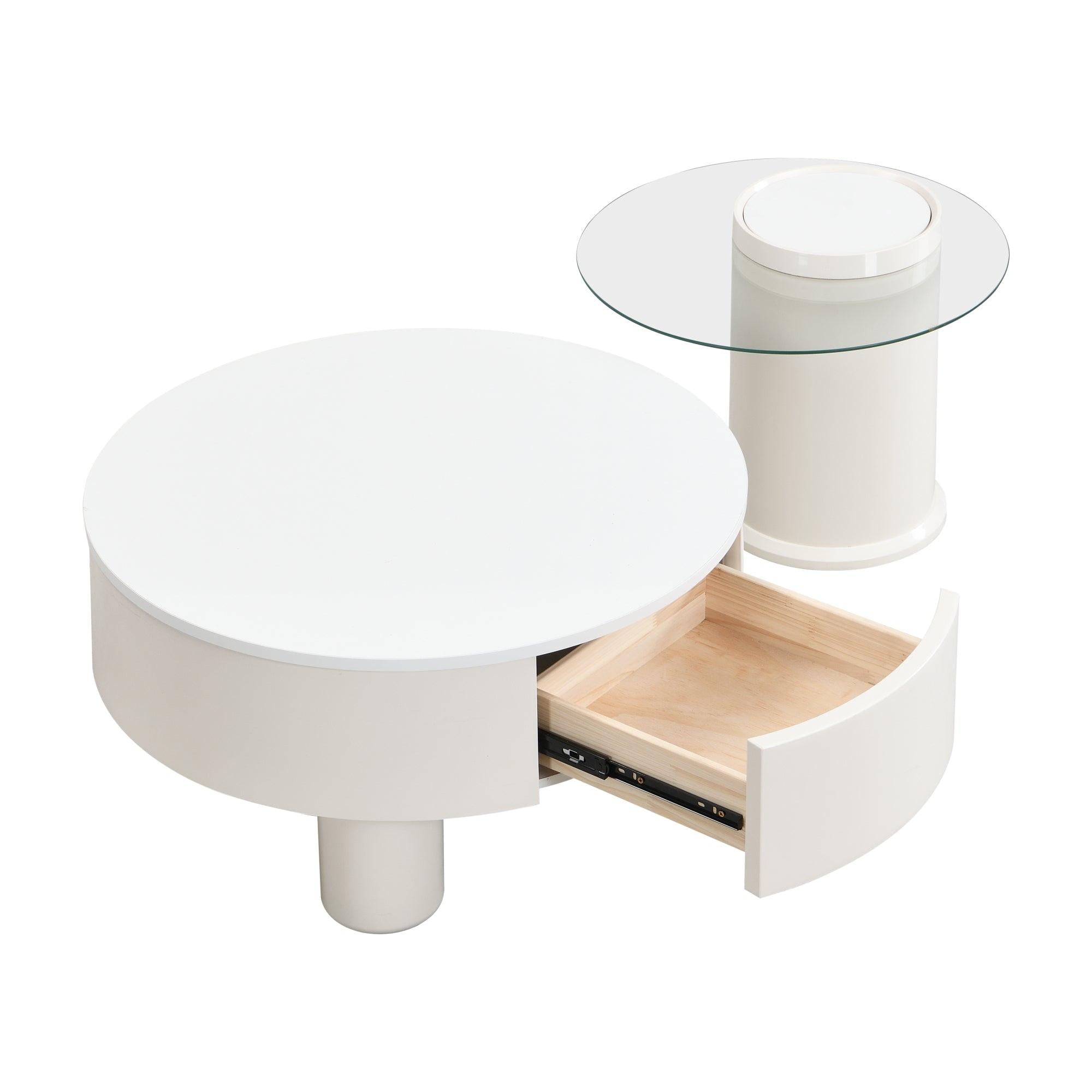 Elegant Round Nesting Coffee Table Set with Drawer, White.