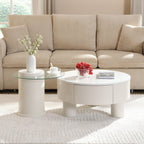 Elegant Round Nesting Coffee Table Set with Drawer, White.