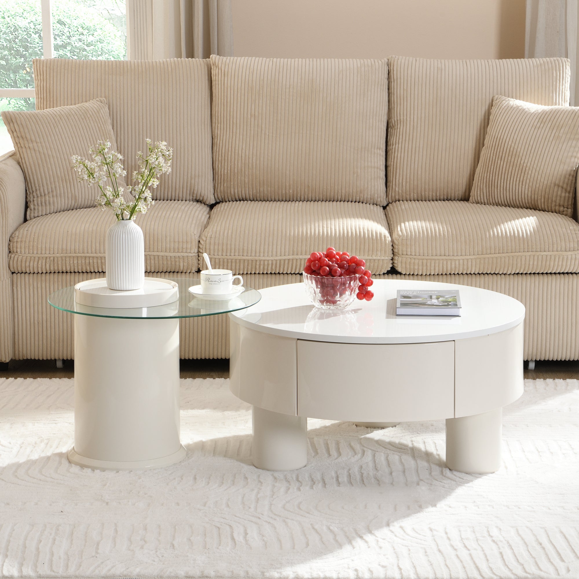 Round Nesting Coffee Table Set of 2, Coffee Table with Storage Drawer, White Plastic Center Table for Living Room, Large 27.56'', Small 19.69''
