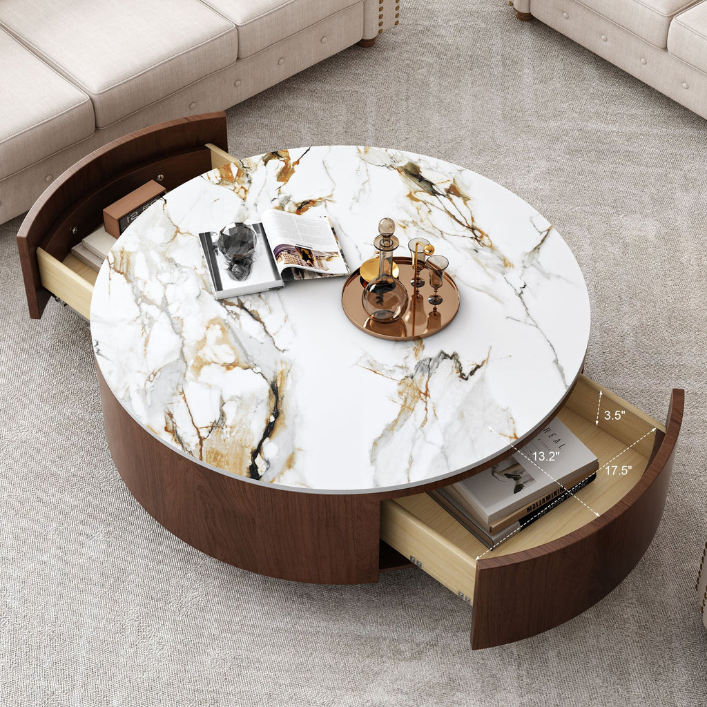 Round Wood Coffee Table with Faux Marble Tabletop