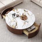 Round Wood Coffee Table with Faux Marble Tabletop