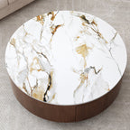 Round Wood Coffee Table with Faux Marble Tabletop