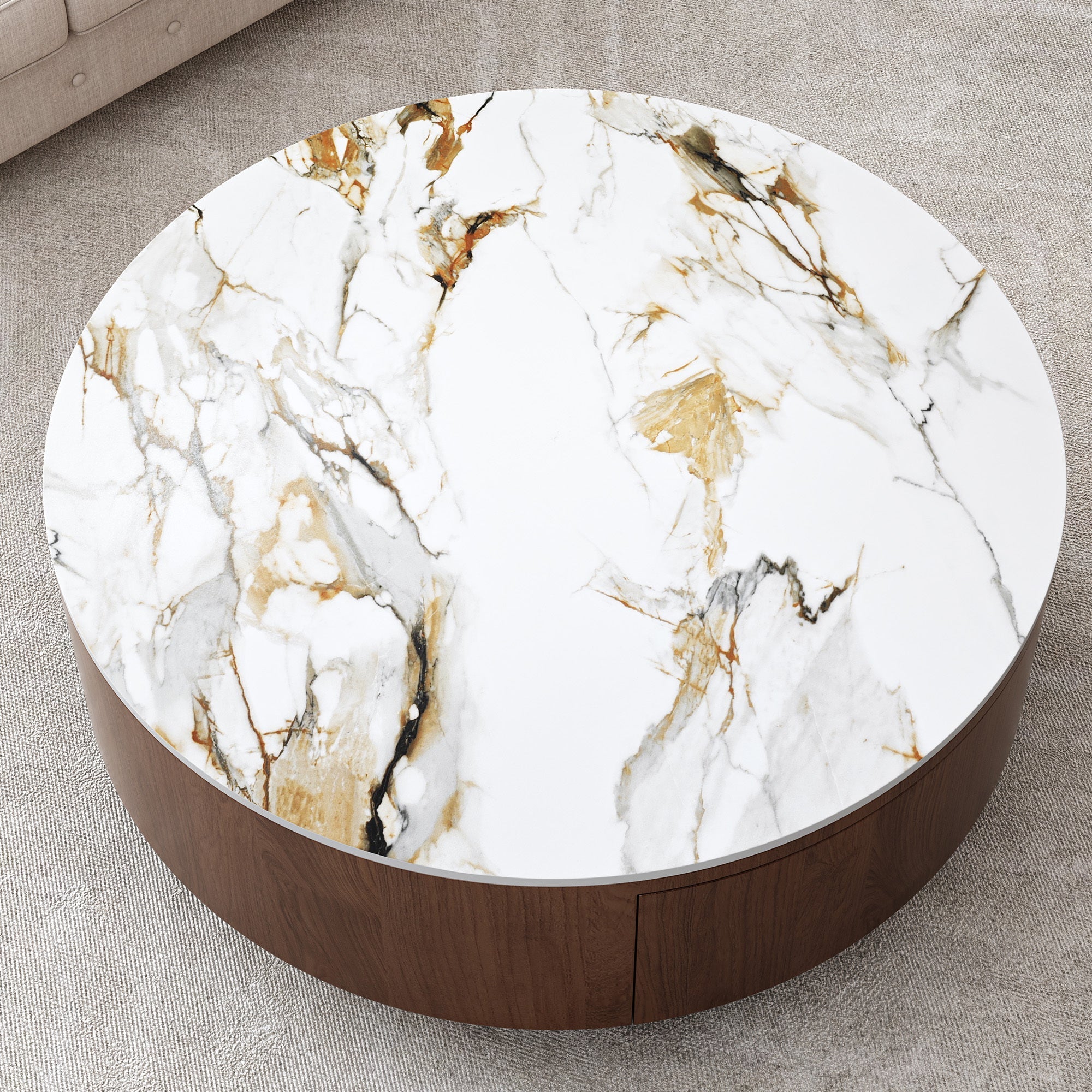Round Wood Coffee Table with Faux Marble Tabletop