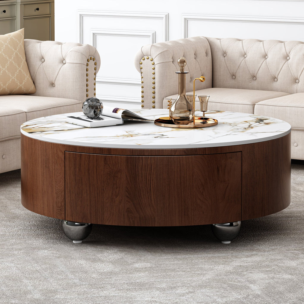 Round Wood Coffee Table with Faux Marble Tabletop