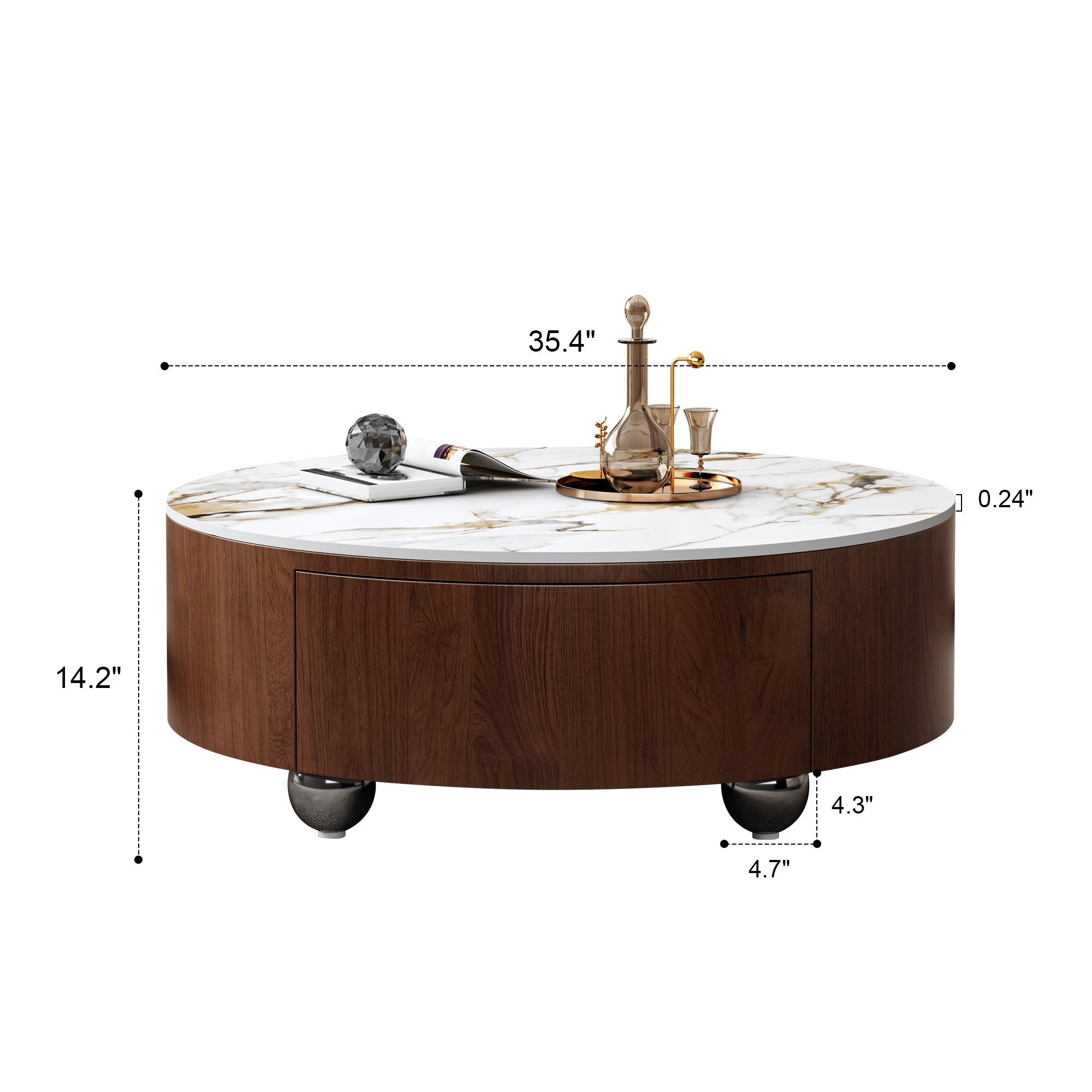 Round Wood Coffee Table with Faux Marble Tabletop