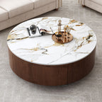 Round Wood Coffee Table with Faux Marble Tabletop