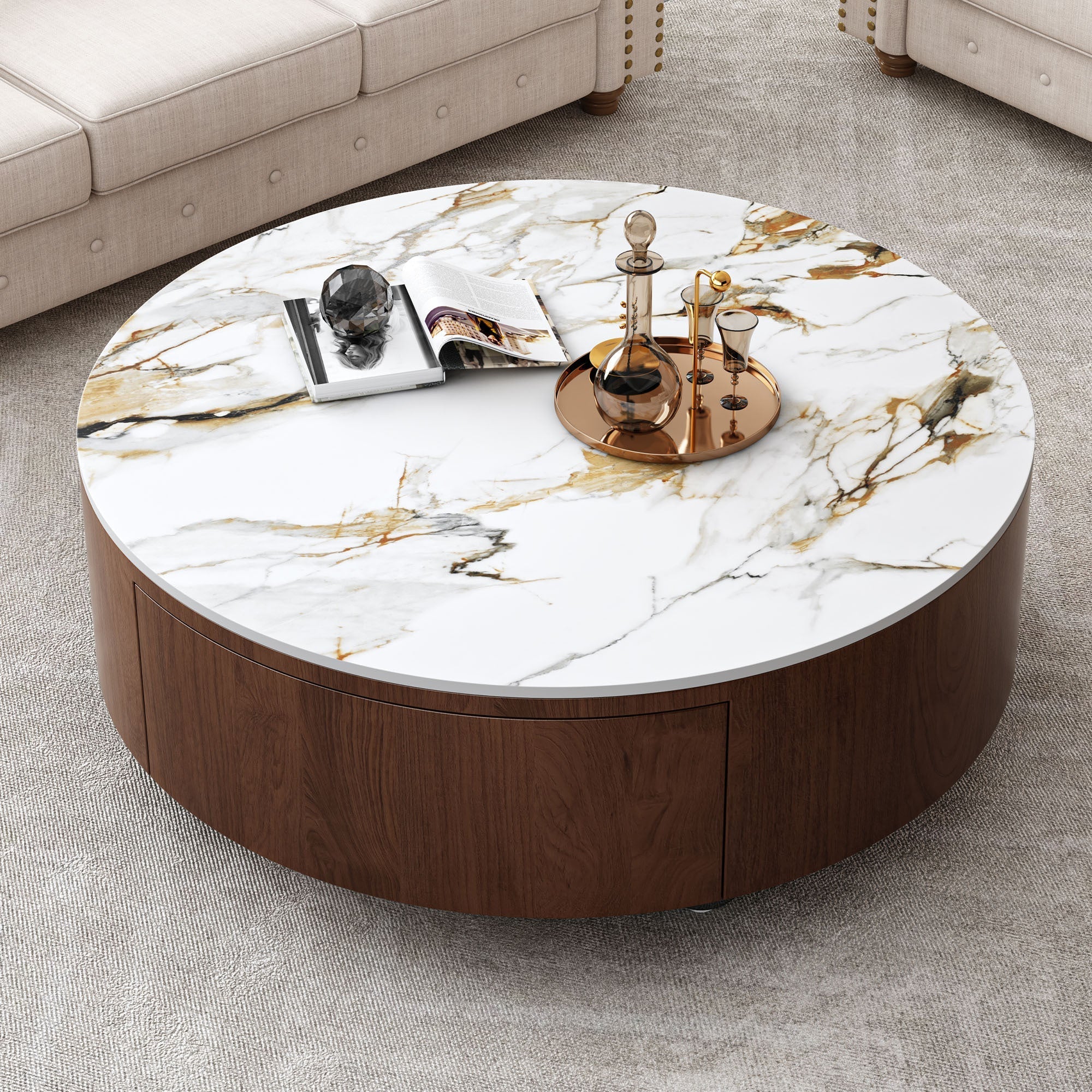Round Wood Coffee Table with Faux Marble Tabletop