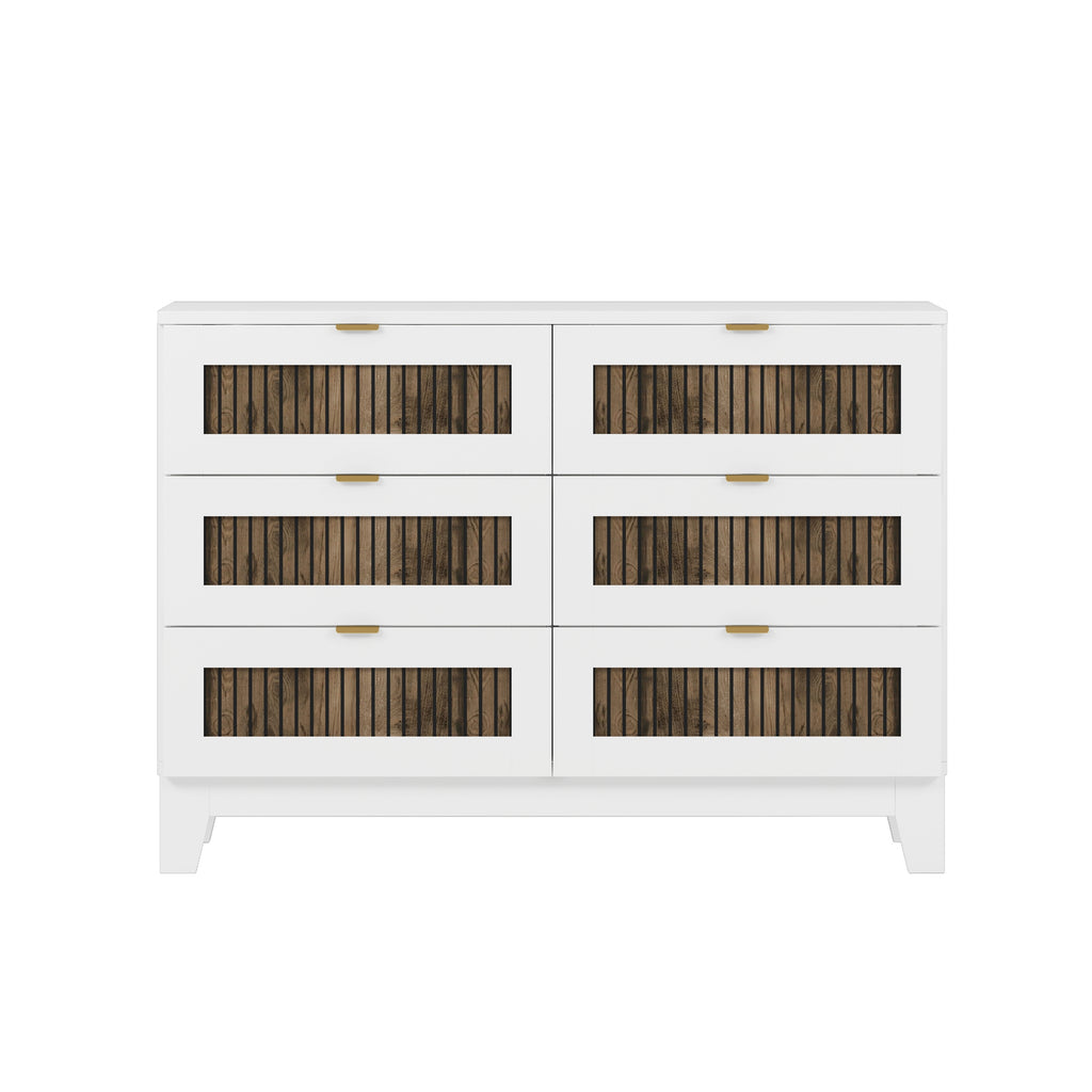 Rustic Farmhouse Style Wooden Dresser with 6 Drawers, Storage Cabinet for Bedroom with Metal Handles, White