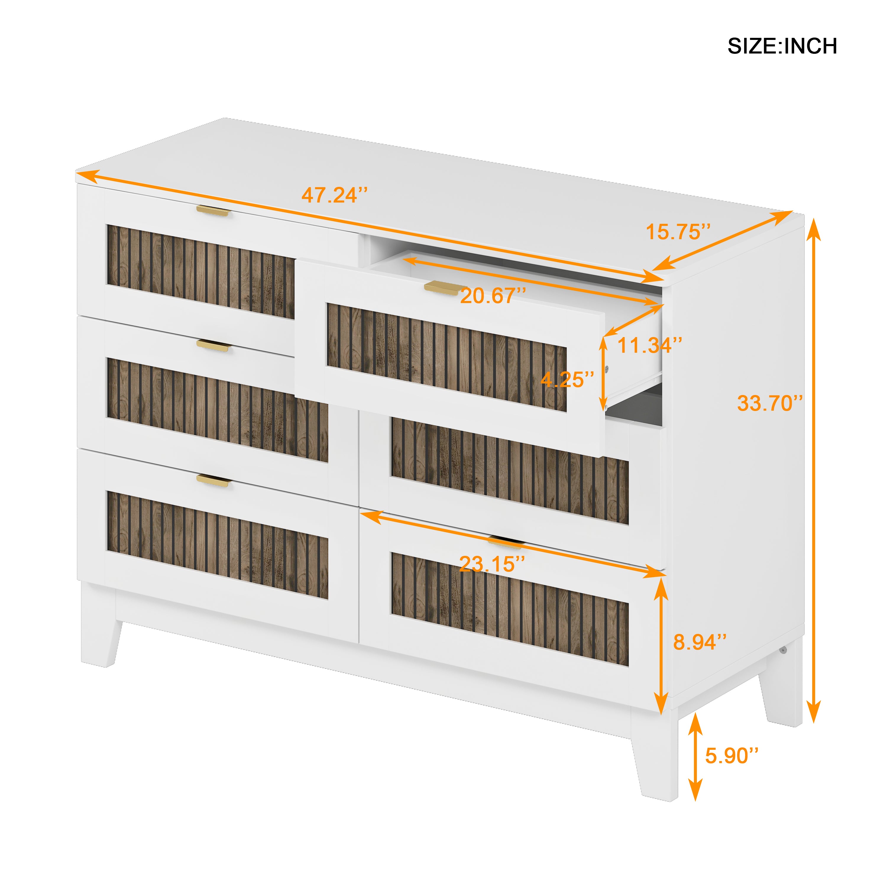 Rustic Farmhouse Style Wooden Dresser with 6 Drawers, Storage Cabinet for Bedroom with Metal Handles, White
