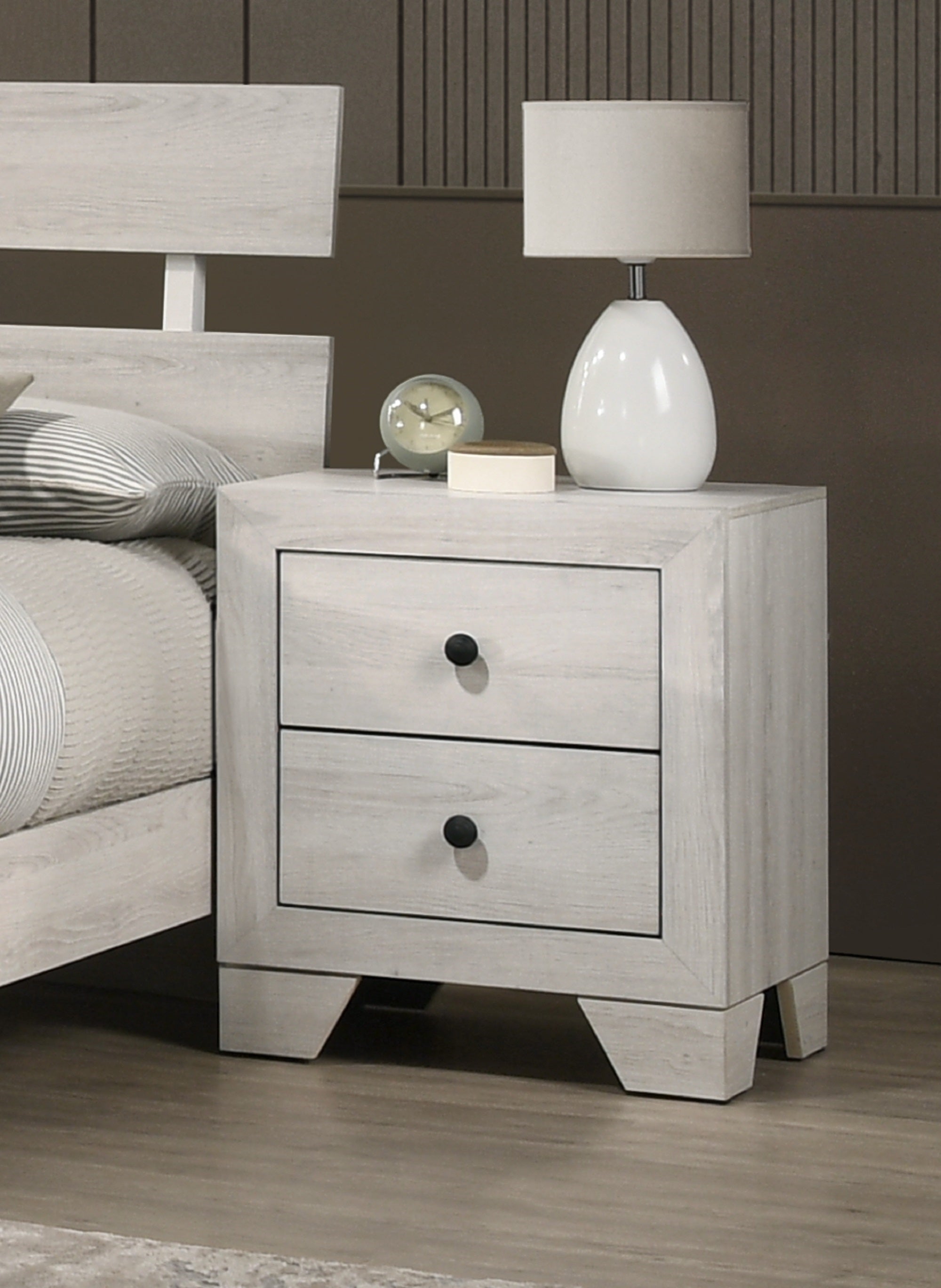1pc Rustic Two Drawers Storage Nightstand White Wash Finish Wooden Bedroom Furniture
