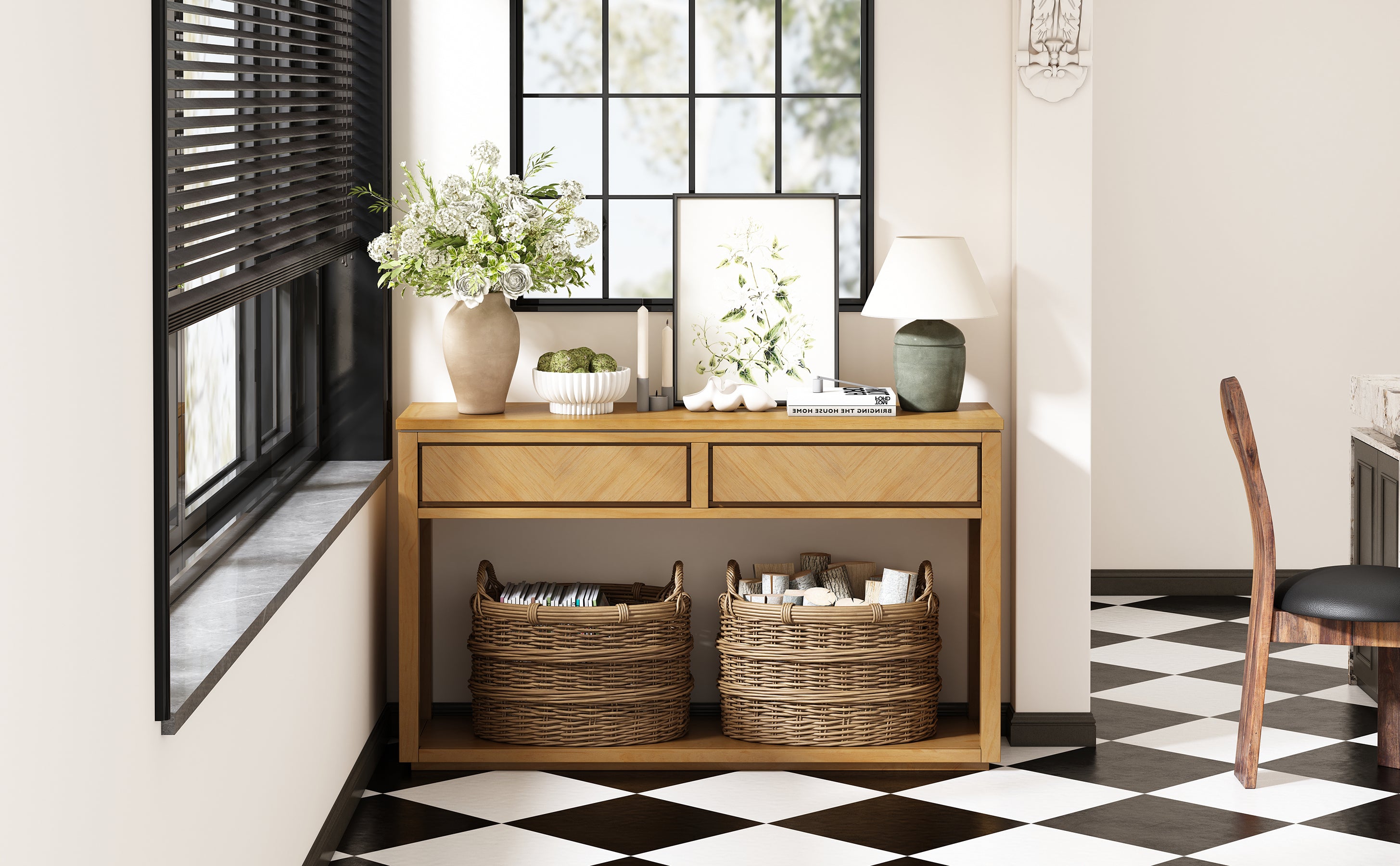 TREXM 55' Console Table, Rustic Wooden Entryway Table with Storage Drawers and Open Shelf, Elegant Sofa Table for Hallway and Living Room (Natural)