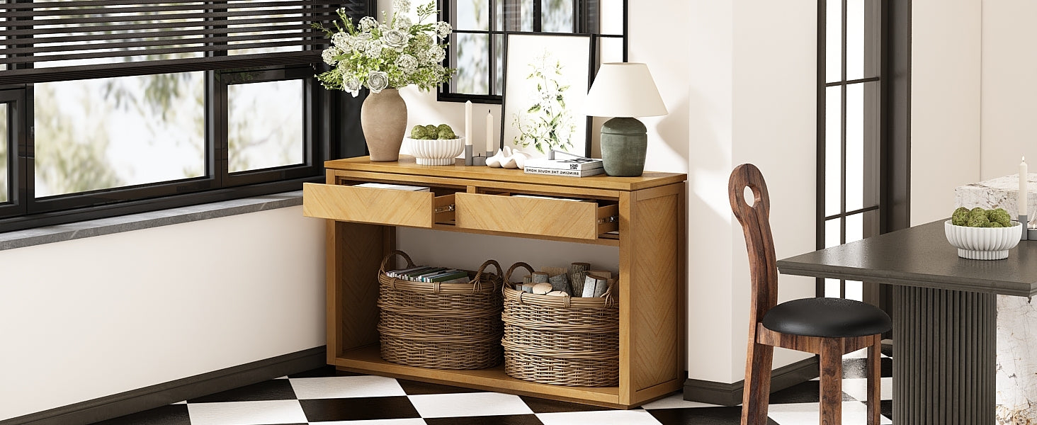 TREXM 55' Console Table, Rustic Wooden Entryway Table with Storage Drawers and Open Shelf, Elegant Sofa Table for Hallway and Living Room (Natural)