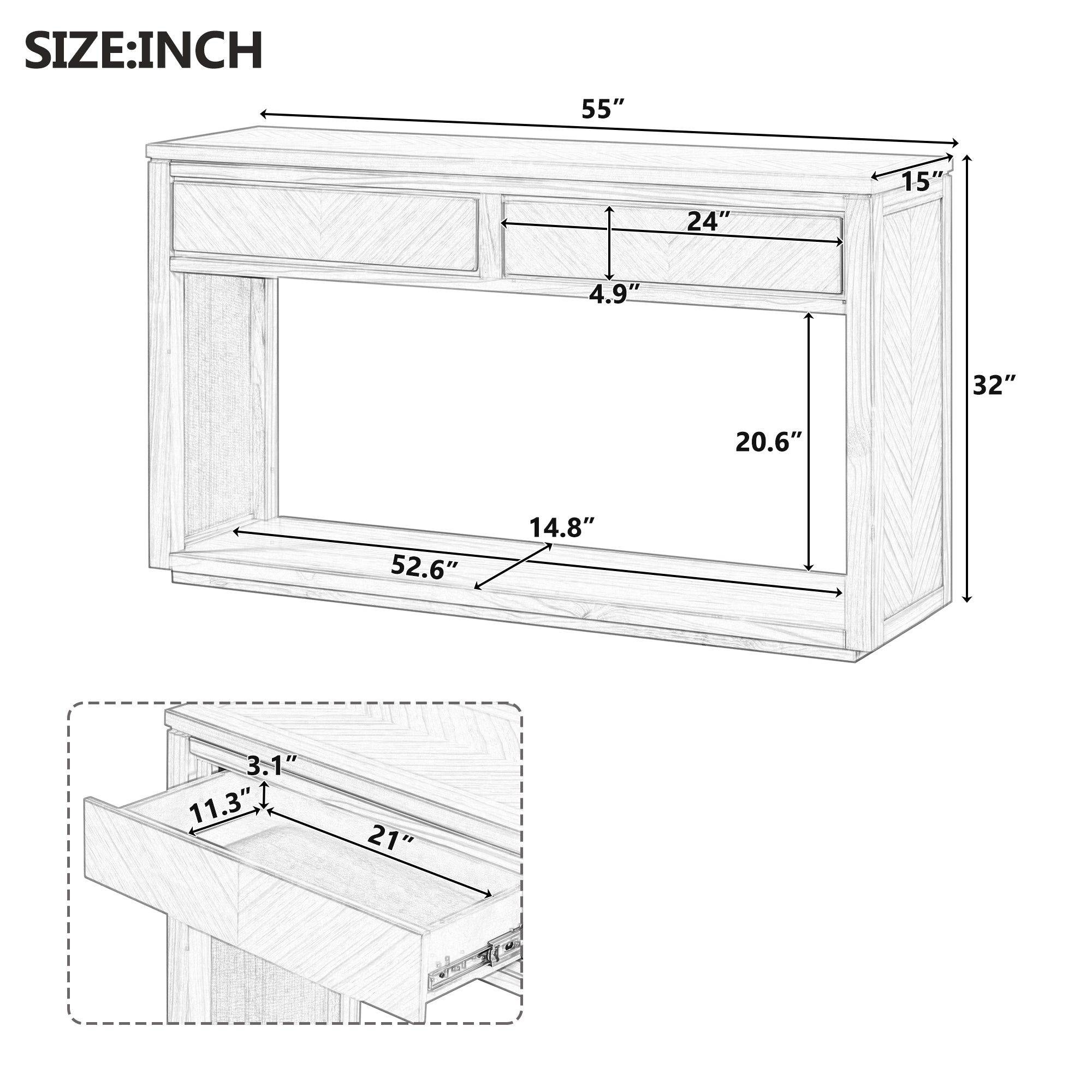TREXM 55' Console Table, Rustic Wooden Entryway Table with Storage Drawers and Open Shelf, Elegant Sofa Table for Hallway and Living Room (Natural)