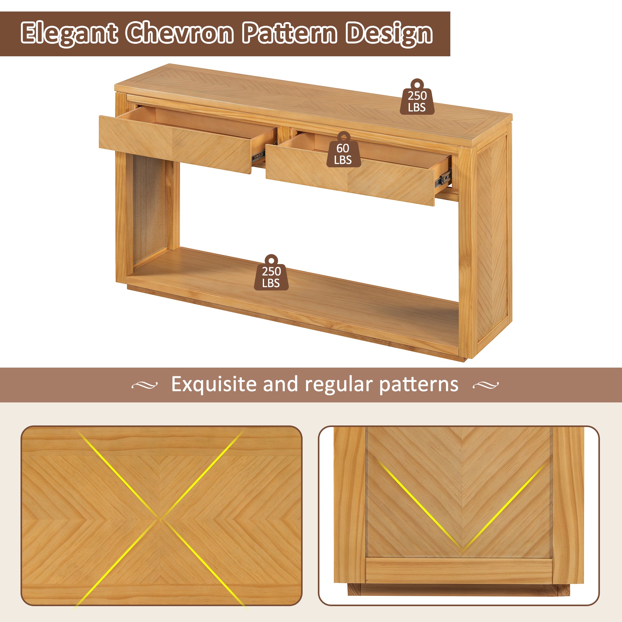 TREXM 55' Console Table, Rustic Wooden Entryway Table with Storage Drawers and Open Shelf, Elegant Sofa Table for Hallway and Living Room (Natural)