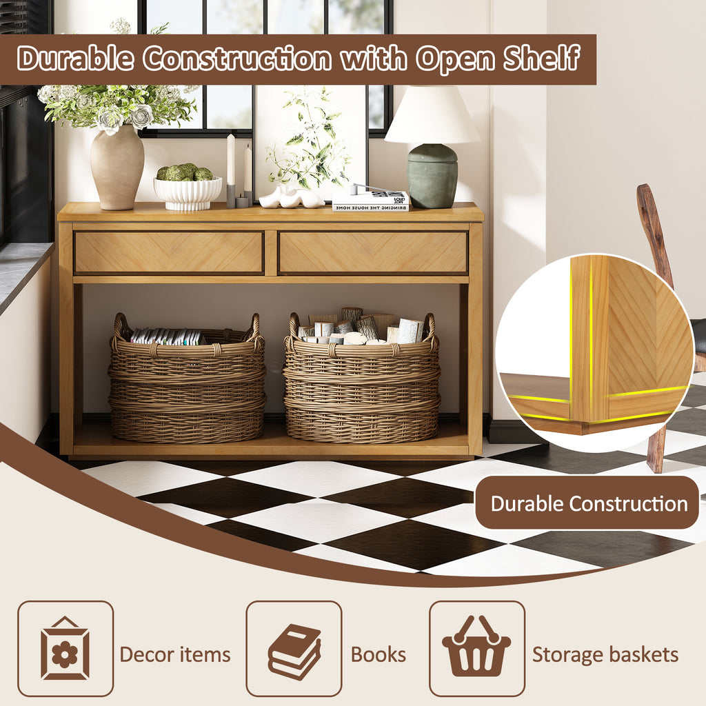 TREXM 55' Console Table, Rustic Wooden Entryway Table with Storage Drawers and Open Shelf, Elegant Sofa Table for Hallway and Living Room (Natural)
