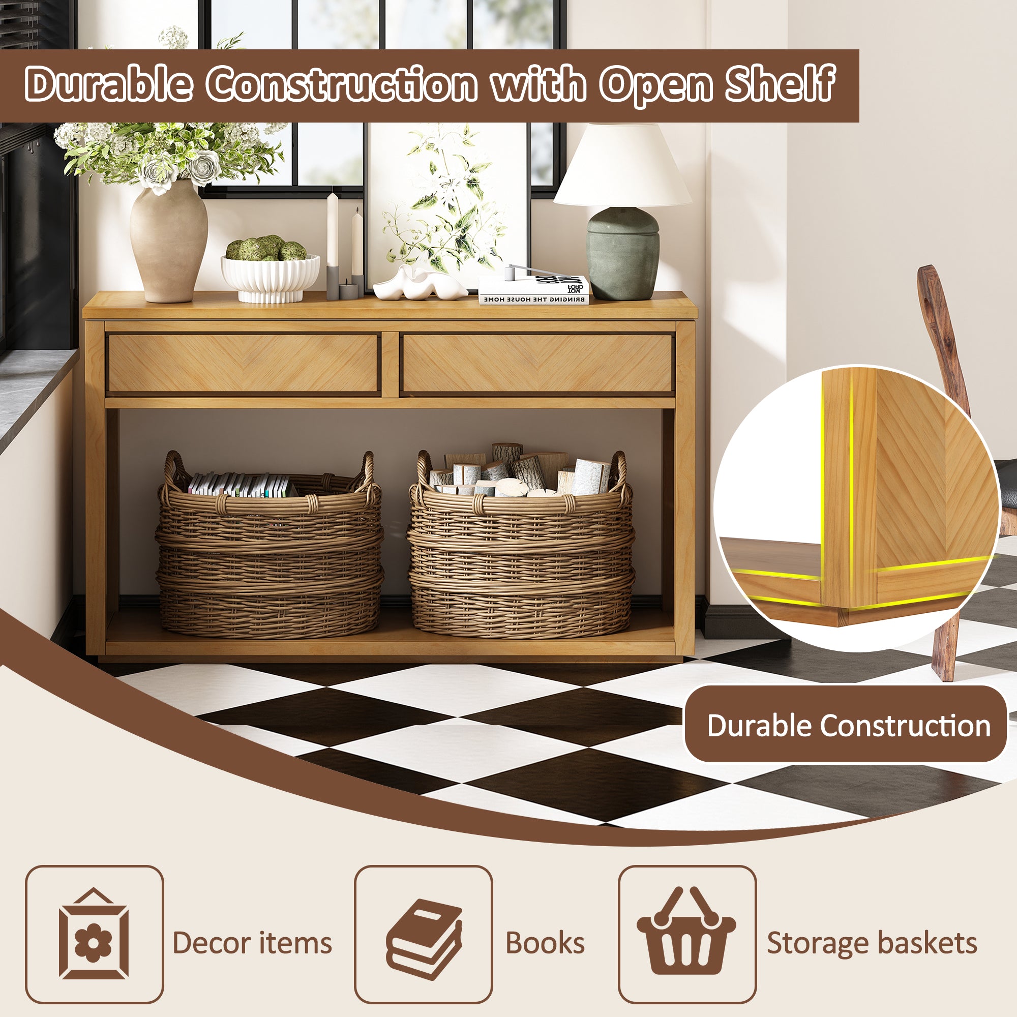 TREXM 55' Console Table, Rustic Wooden Entryway Table with Storage Drawers and Open Shelf, Elegant Sofa Table for Hallway and Living Room (Natural)