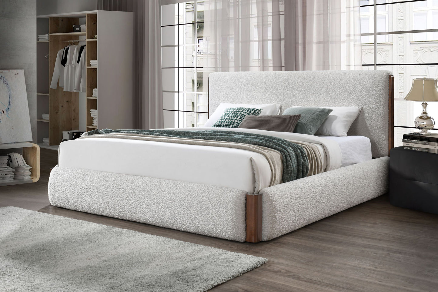 Sandro White Boucle & Walnut Finish Queen Bed Bed Frame