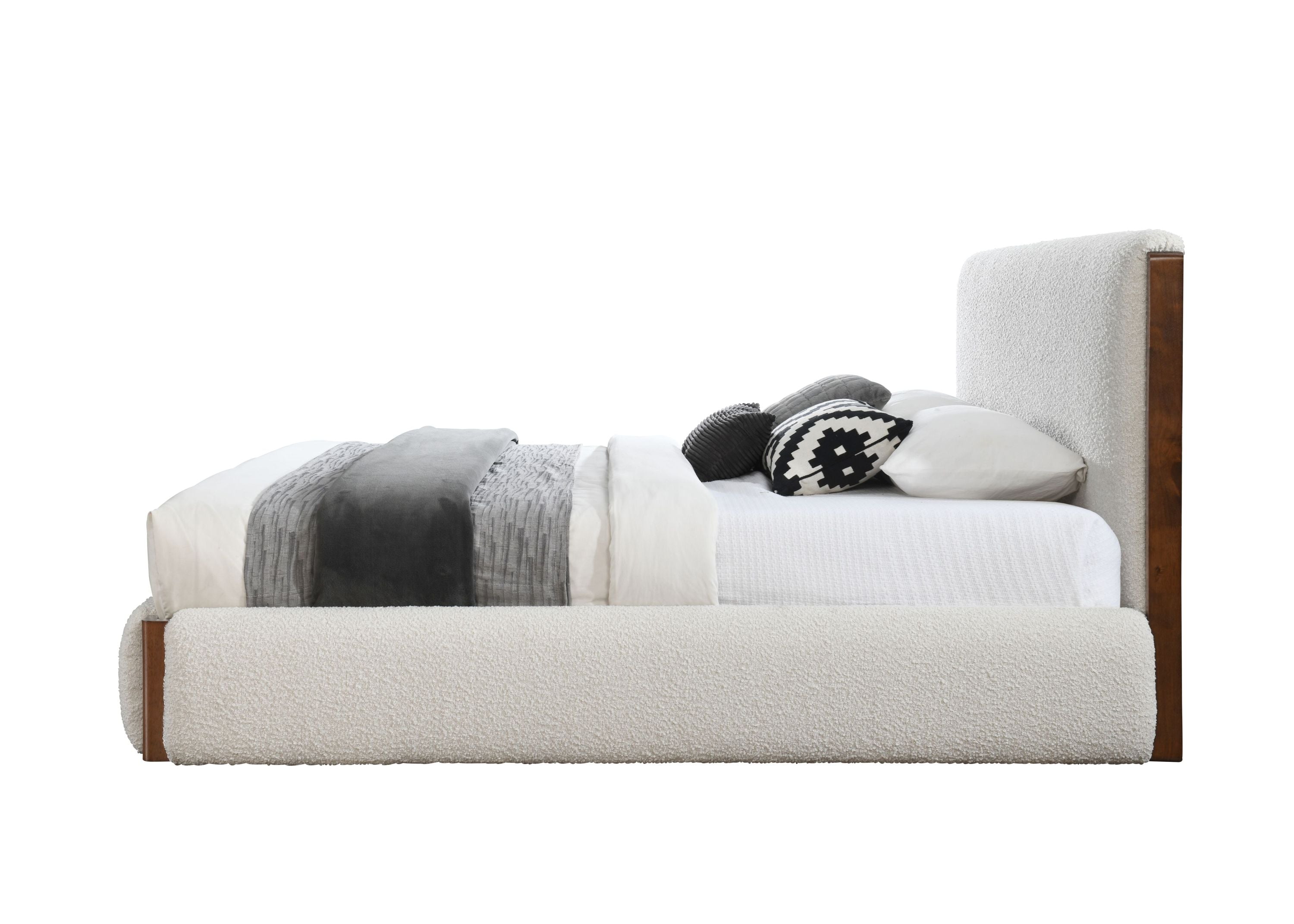 Sandro White Boucle & Walnut Finish Queen Bed Bed Frame