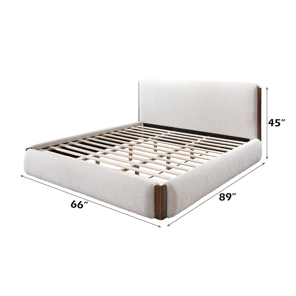 Sandro White Boucle & Walnut Finish Queen Bed Bed Frame