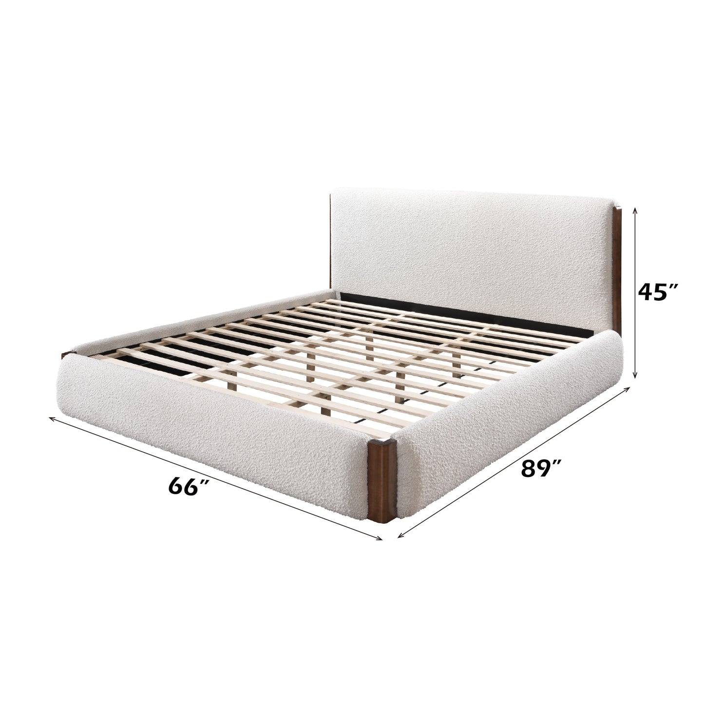 Sandro White Boucle & Walnut Finish Queen Bed Bed Frame