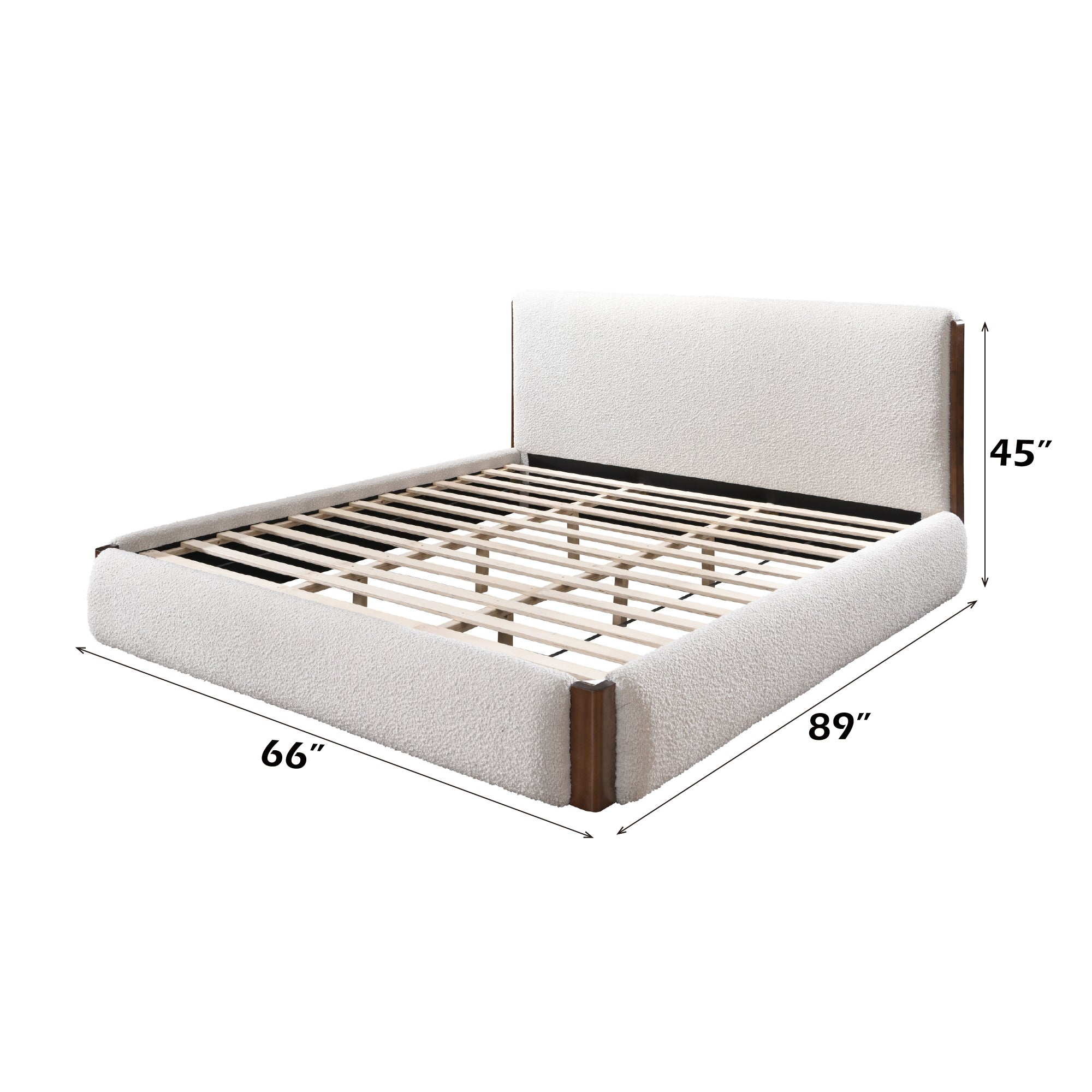 Sandro White Boucle & Walnut Finish Queen Bed Bed Frame