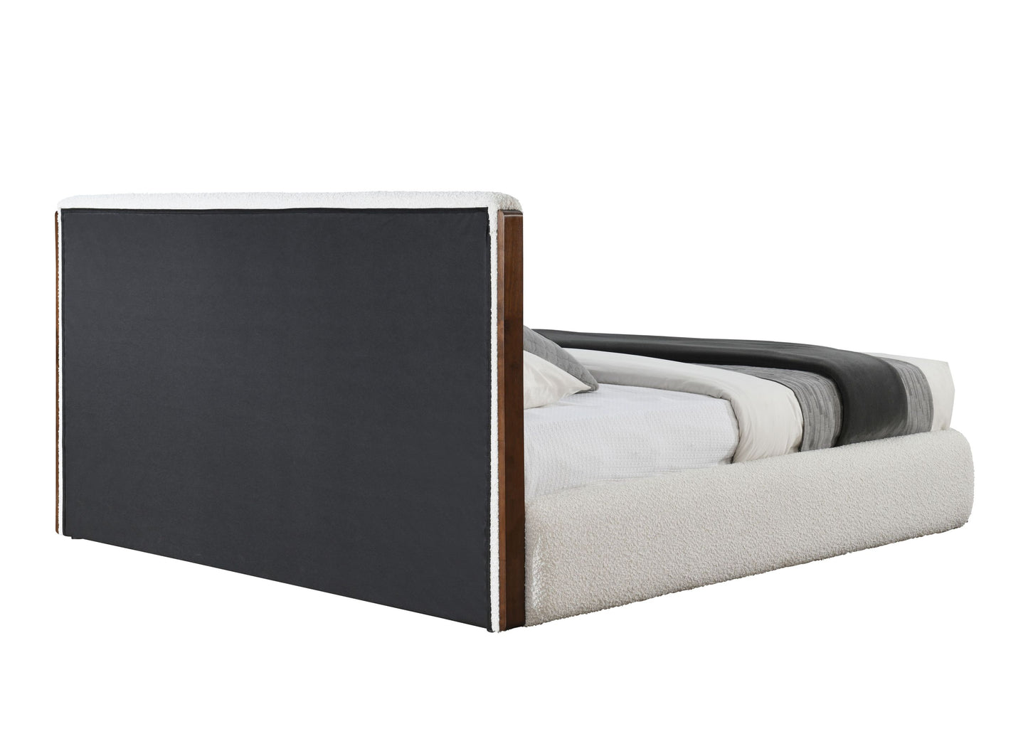 Sandro White Boucle & Walnut Finish Queen Bed Bed Frame