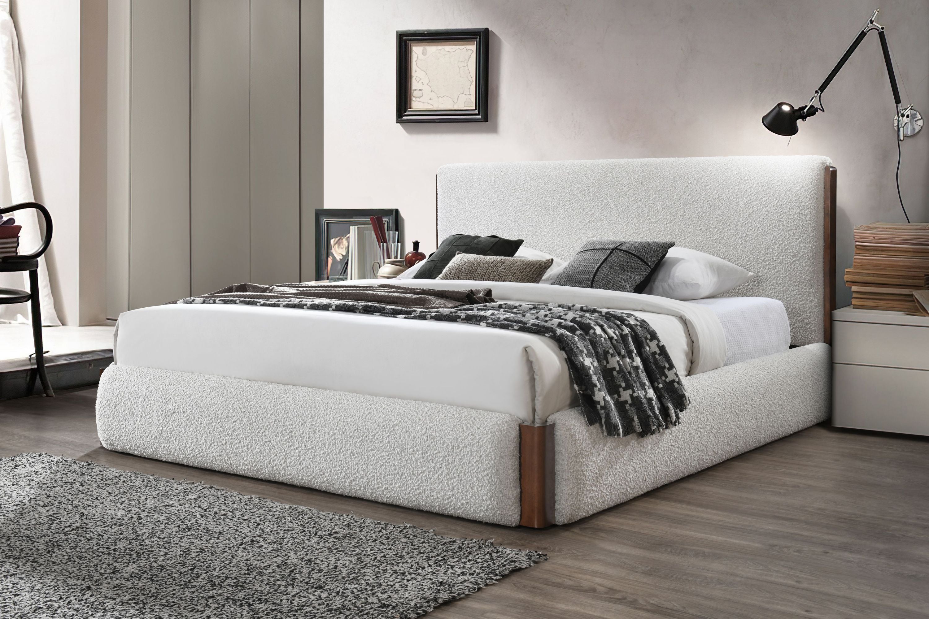 Sandro White Boucle & Walnut Finish Queen Bed Bed Frame