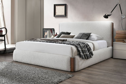 Sandro White Boucle & Walnut Finish Queen Bed Bed Frame