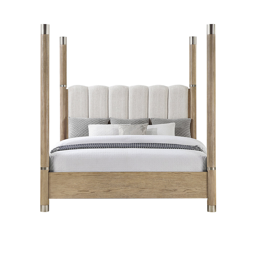 Sarai Brown King Bed with Plush Upholstered Headboard and Metal Detailing in Rubber Wood, Low Profile Design Bed Frame