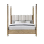 Sarai Brown King Bed with Plush Upholstered Headboard and Metal Detailing in Rubber Wood, Low Profile Design Bed Frame