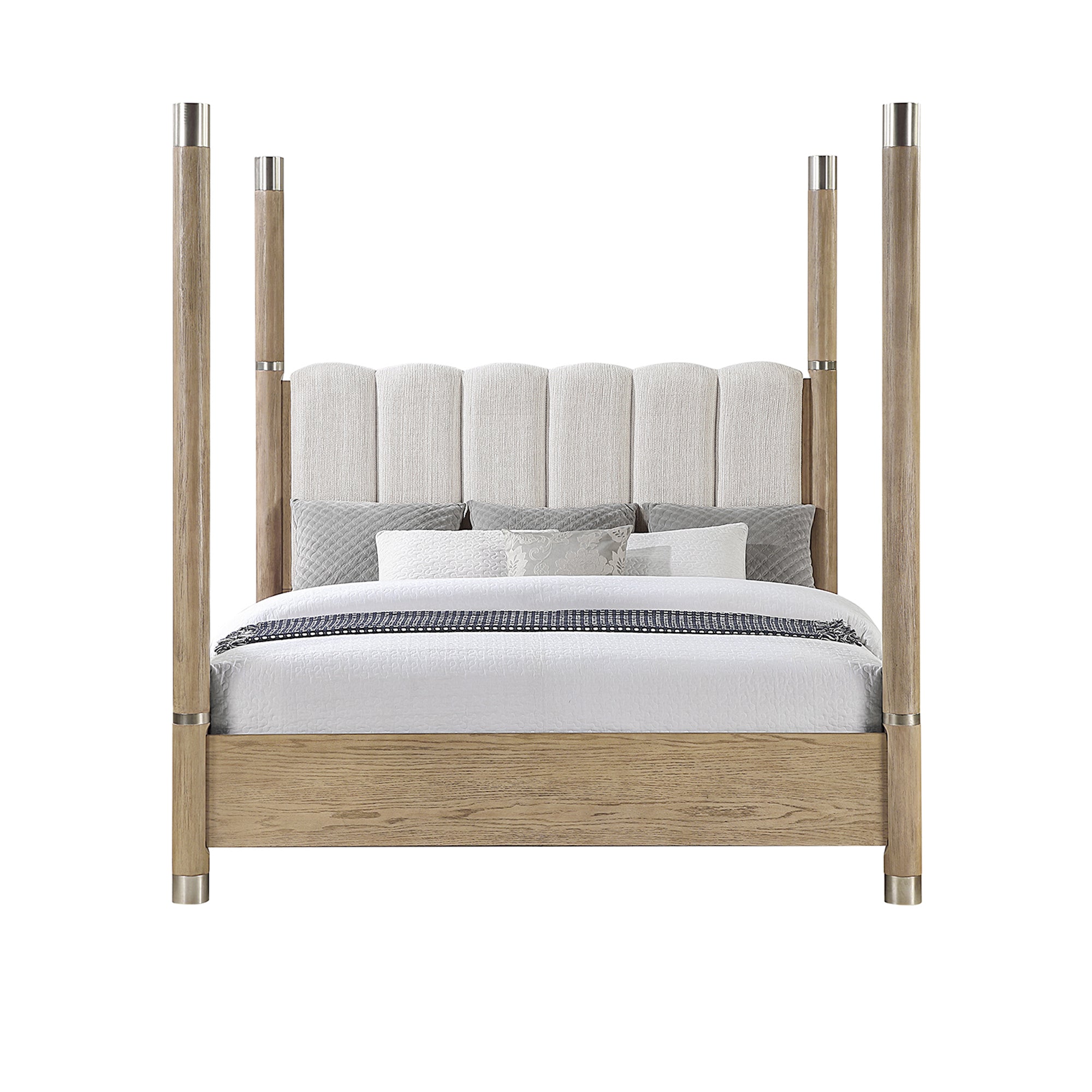 Sarai Brown King Bed with Plush Upholstered Headboard and Metal Detailing in Rubber Wood, Low Profile Design Bed Frame