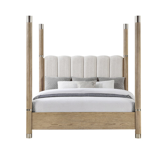 Sarai Brown King Bed with Plush Upholstered Headboard and Metal Detailing in Rubber Wood, Low Profile Design Bed Frame