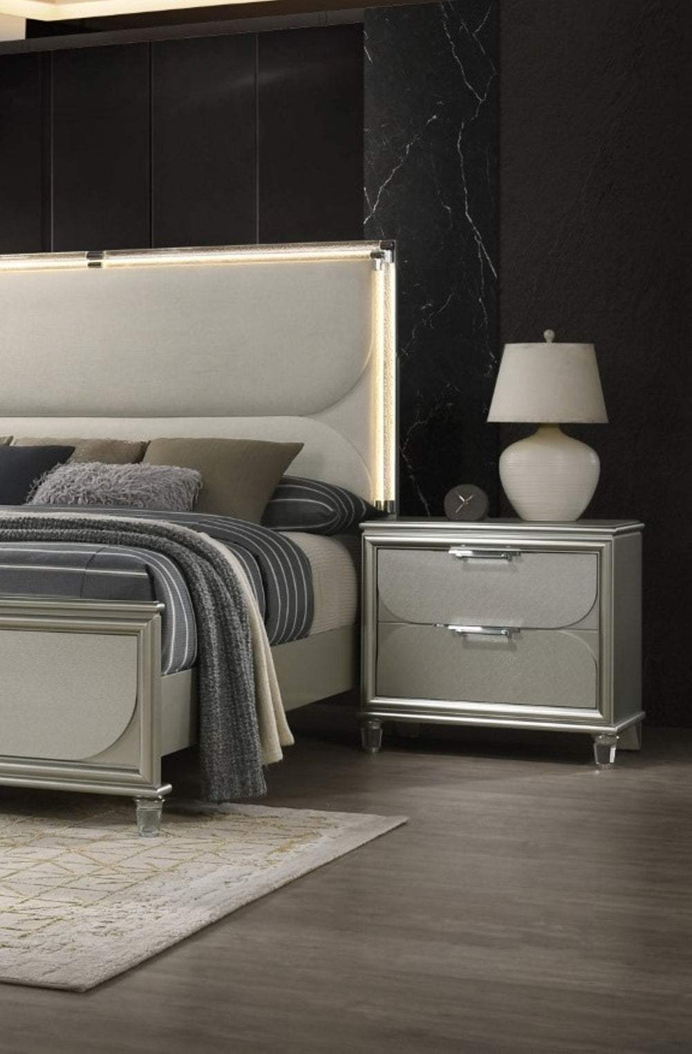 Contemporary Silver 1pc Nightstand Acrylic Handles Embossed Panels English Dovetails 2-Drawers Bedside Table