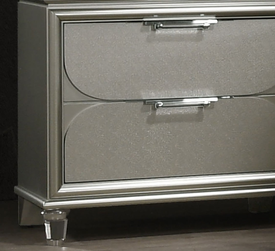 Contemporary Silver 1pc Nightstand Acrylic Handles Embossed Panels English Dovetails 2-Drawers Bedside Table
