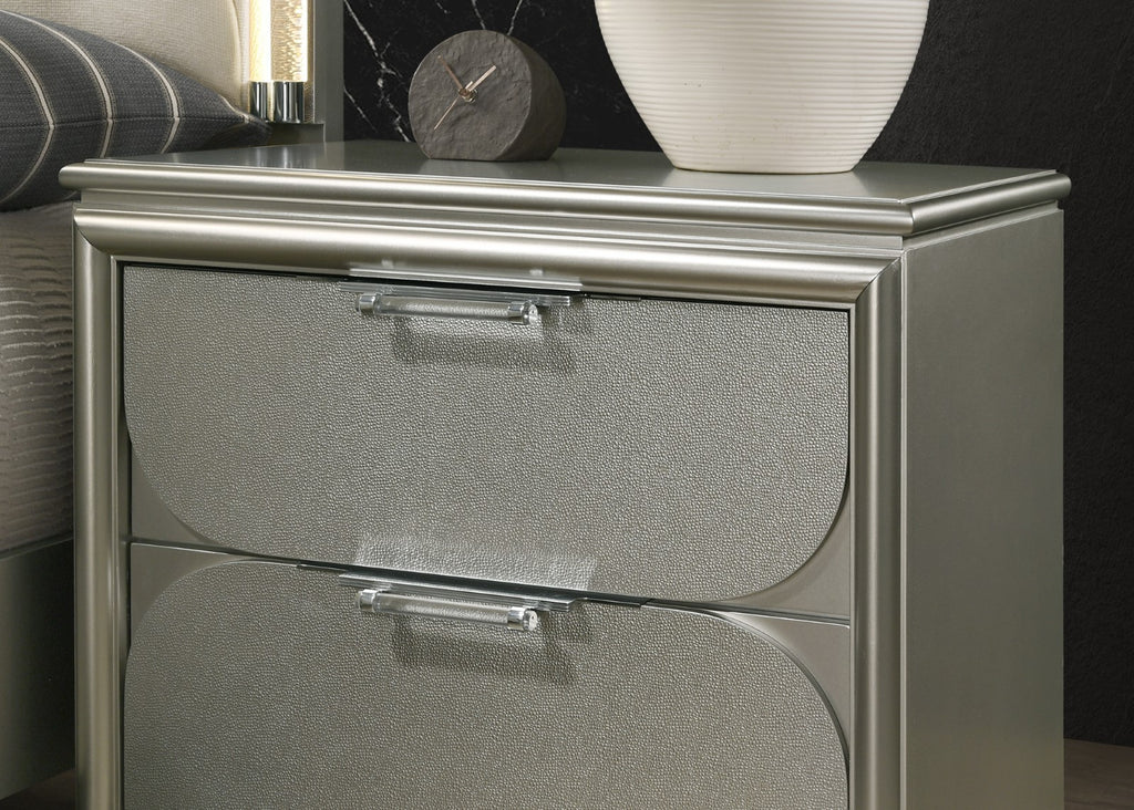 Contemporary Silver 1pc Nightstand Acrylic Handles Embossed Panels English Dovetails 2-Drawers Bedside Table