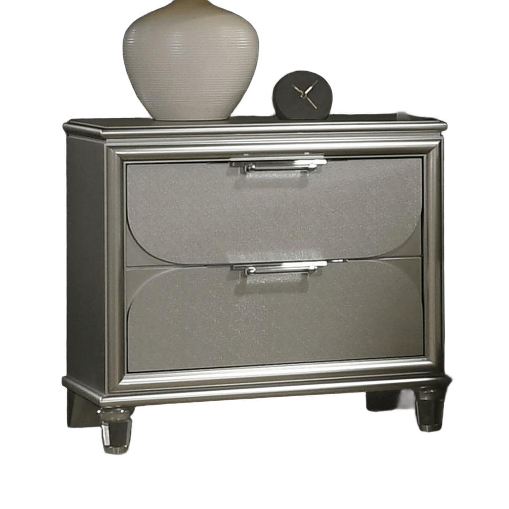 Contemporary Silver 1pc Nightstand Acrylic Handles Embossed Panels English Dovetails 2-Drawers Bedside Table