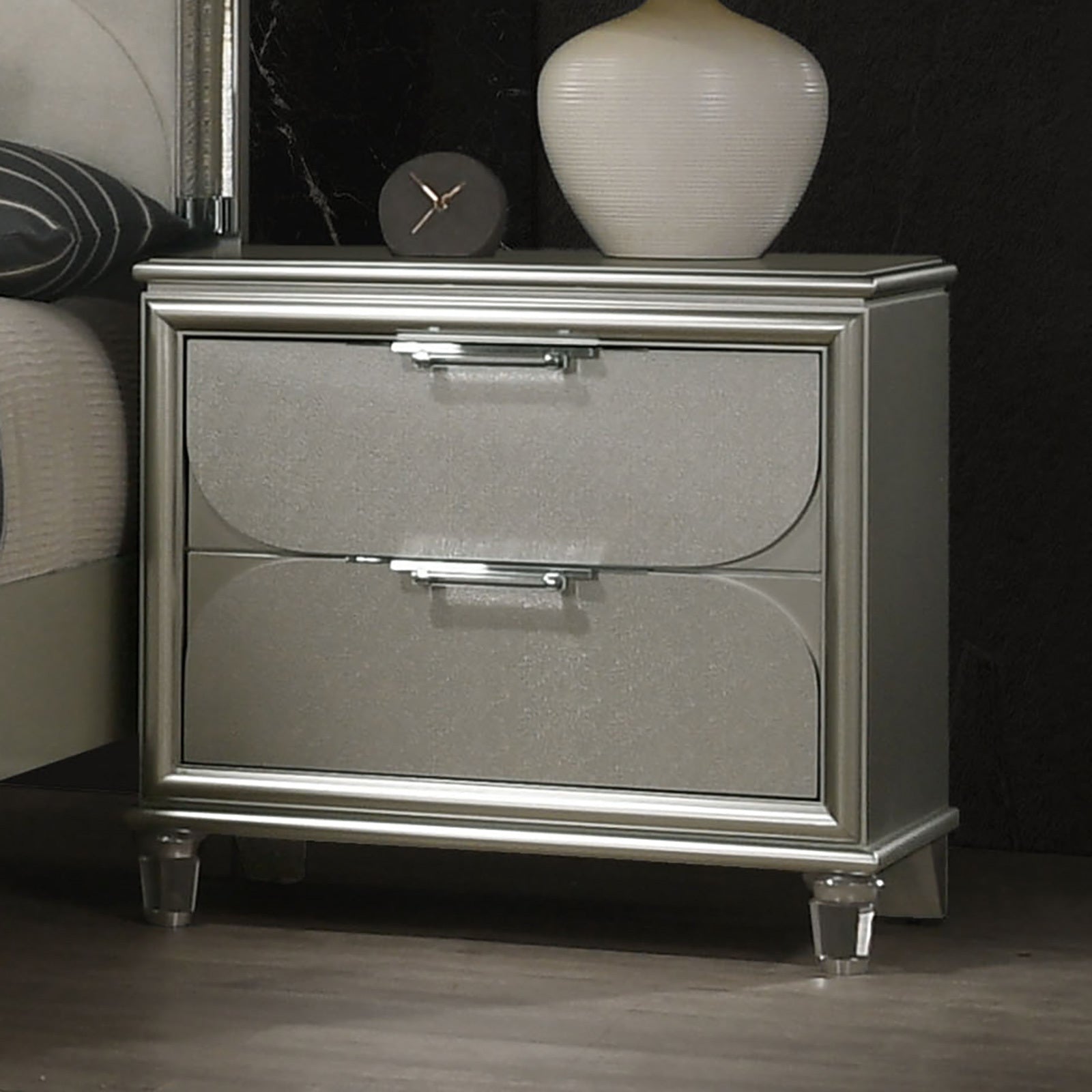 Contemporary Silver 1pc Nightstand Acrylic Handles Embossed Panels English Dovetails 2-Drawers Bedside Table