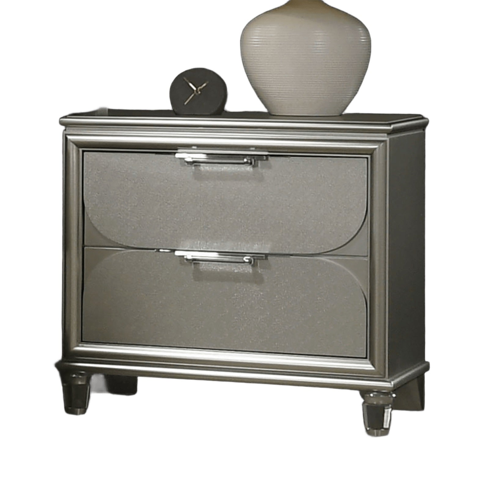 Glamorous Luxury Silver Fabric Upholstered Queen Size Bed w LED 2x Nightstands Embossed Panel 3pc Set Bedroom Furniture