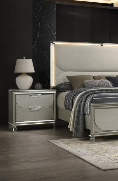 Glamorous Luxury Silver Fabric Upholstered Queen Size Bed w LED 2x Nightstands Embossed Panel 3pc Set Bedroom Furniture