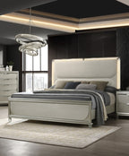 Glamorous Luxury Silver Fabric Upholstered Queen Size Bed w LED 2x Nightstands Embossed Panel 3pc Set Bedroom Furniture