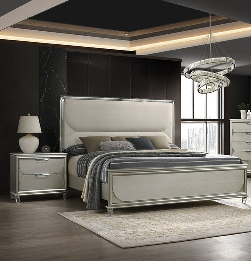 Elegant Silver Fabric Queen Bed with LED Nightstands Set.