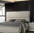 Glamorous Luxury Silver Fabric Upholstered Queen Size Bed w LED 2x Nightstands Embossed Panel 3pc Set Bedroom Furniture
