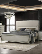 Glamorous Luxury Silver Fabric Upholstered Queen Size Bed w LED 2x Nightstands Embossed Panel 3pc Set Bedroom Furniture
