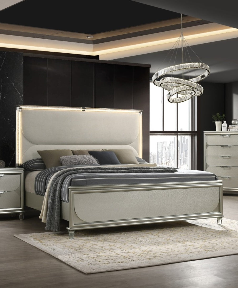 Glamorous Luxury Silver Fabric Upholstered Queen Size Bed w LED 2x Nightstands Embossed Panel 3pc Set Bedroom Furniture