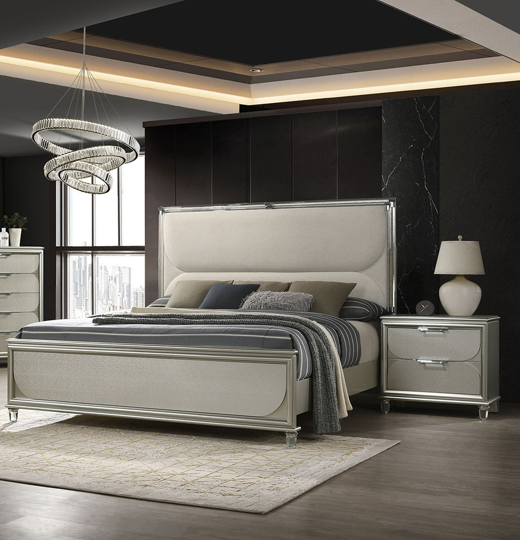 Glamorous Luxury Silver Fabric Upholstered Queen Size Bed w LED 2x Nightstands Embossed Panel 3pc Set Bedroom Furniture