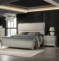 Glamorous Luxury Silver Fabric Upholstered Queen Size Bed w LED 2x Nightstands Embossed Panel 3pc Set Bedroom Furniture