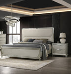Glamorous Luxury Silver Fabric Upholstered Queen Size Bed w LED 2x Nightstands Embossed Panel 3pc Set Bedroom Furniture