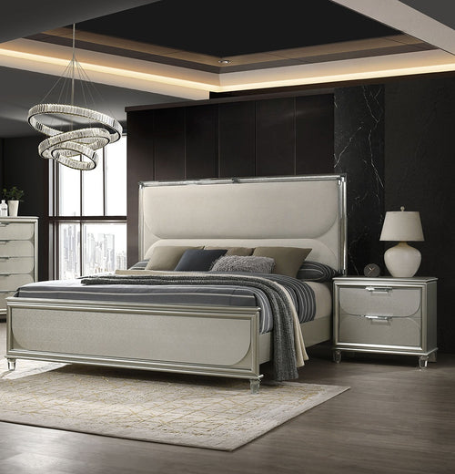Elegant Silver Fabric Queen Bed with LED Nightstands Set.
