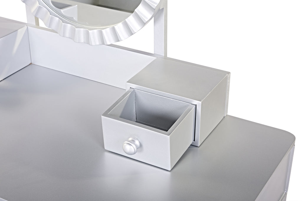 Luxury Vanity Desk with Round Mirror,Height-Adjustable, Stylish Dressing Table Set, 4 Drawers & Stool, Silver