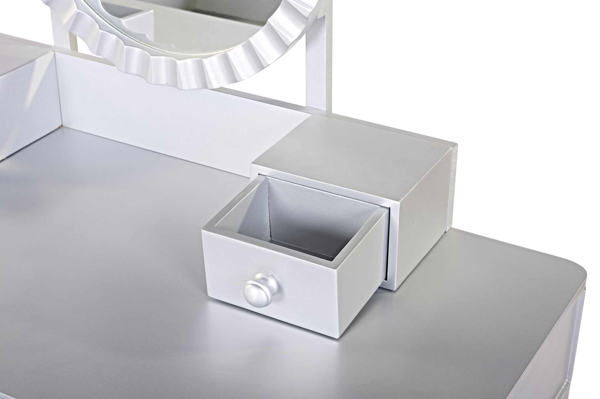 Luxury Vanity Desk with Round Mirror,Height-Adjustable, Stylish Dressing Table Set, 4 Drawers & Stool, Silver